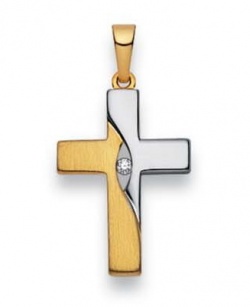 Weiss-Gelbgold 750 (18 Karat) Kreuz matt/glanz mit 1 Brillianten