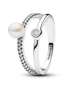 Pandora Ring Treated Freshwater Cultured Pearl & Pavé Double Band